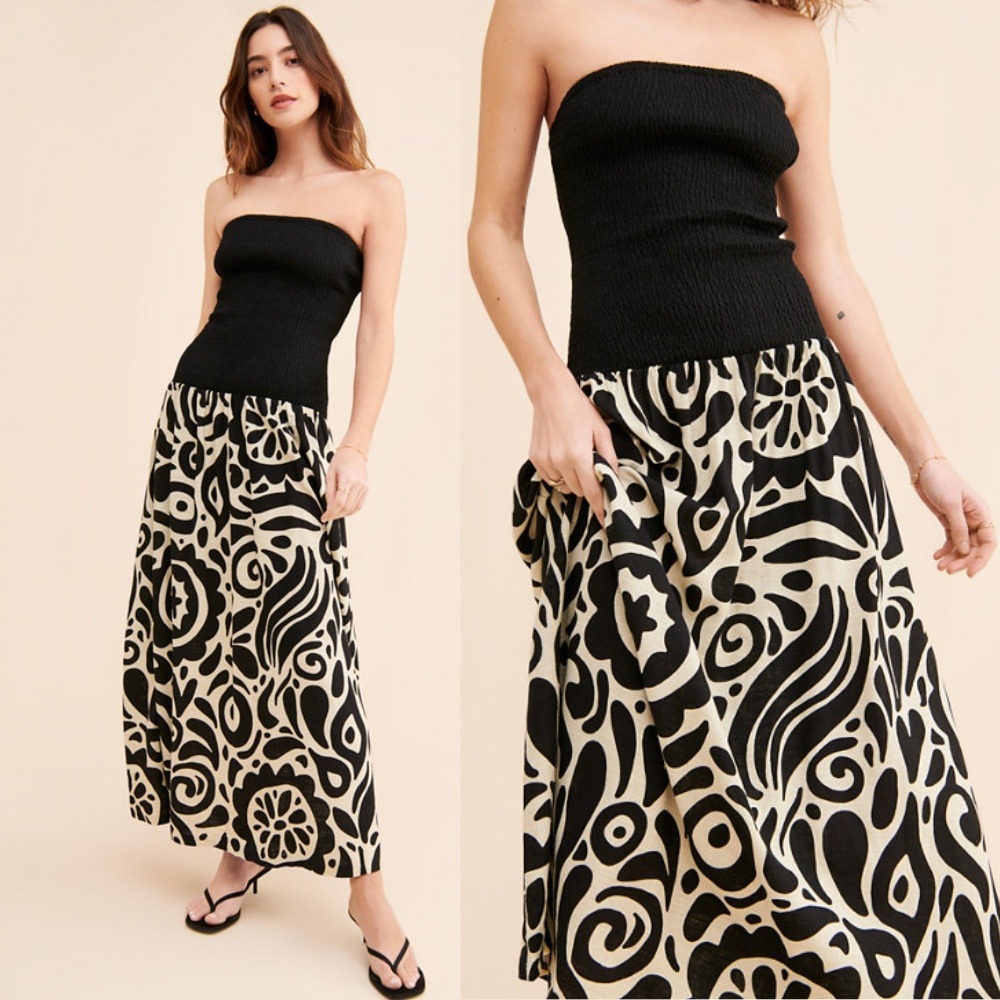 The Wolf Gang Alyss Maxi Dress Medium Smocked Strapless‎ Black Abstract Linen